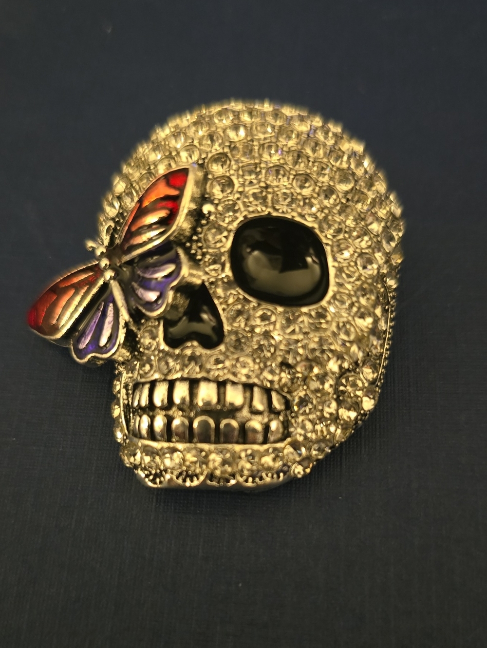 Crystal Skull Brooch with Multicolor Butterfly Accent - Gold Tone